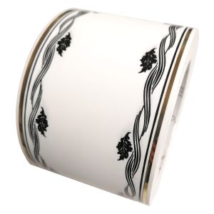 Szarfa pogrzebowa biała w czarny wzór ze złotym paskiem 8cmx50y