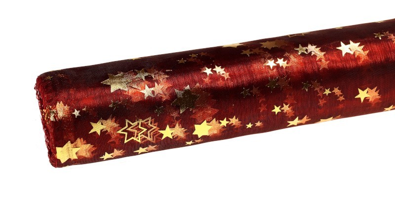 Organza świąteczna w gwiazdki 36cm x 9m - bordowa