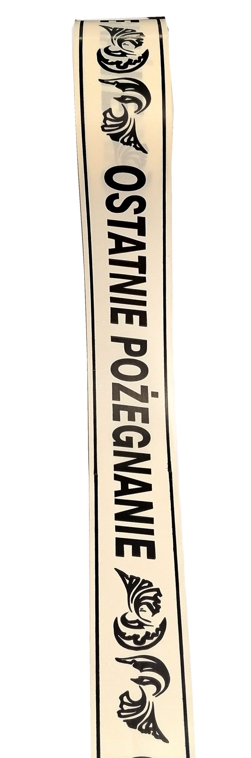 TAŚMA POGRZEBOWA 5CM X 100M KREMOWA, DRUKOWANY CZARNY NAPIS